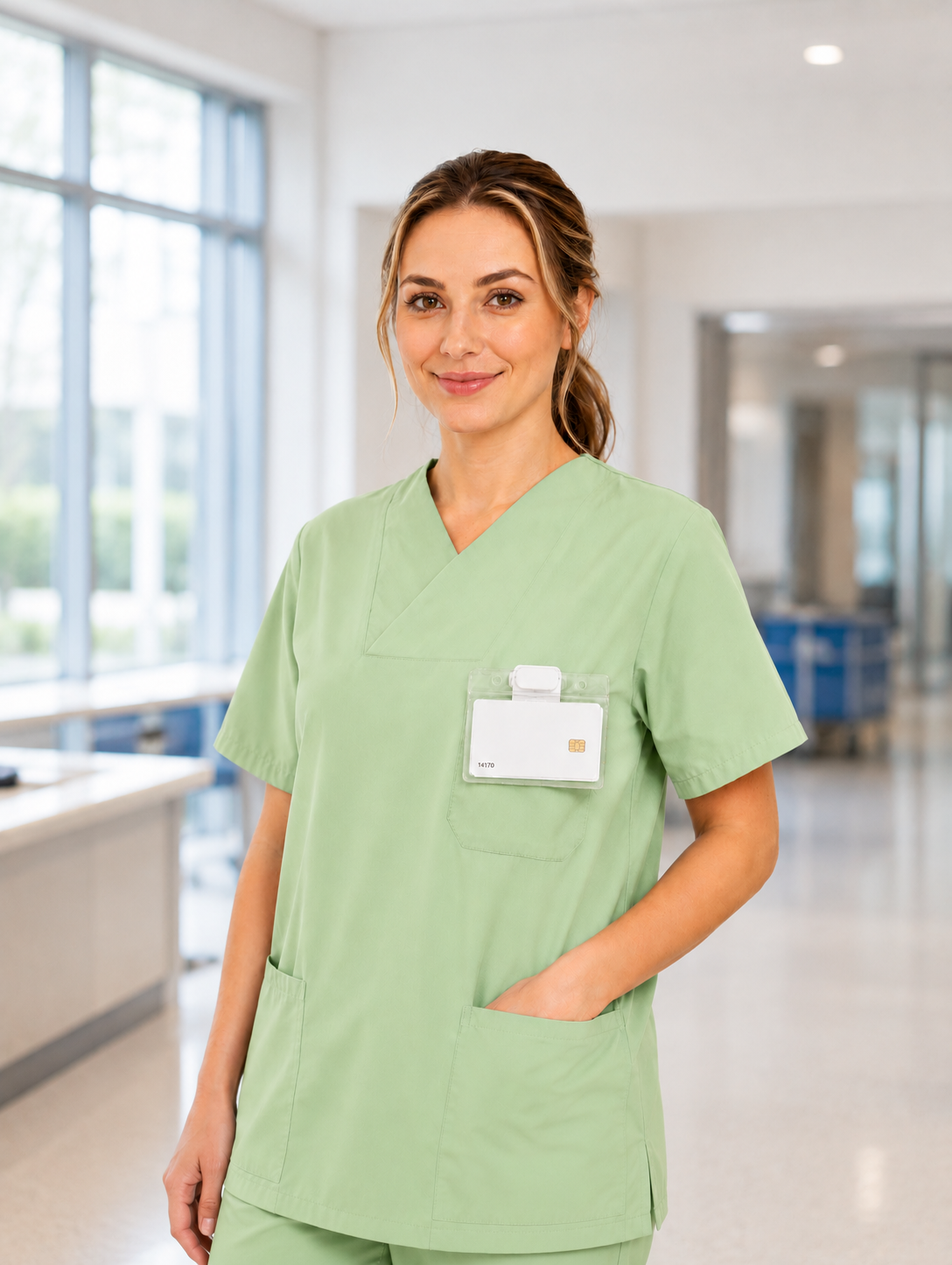Pflegerin im grünen Kasack trägt ClipDoc im Klinikalltag